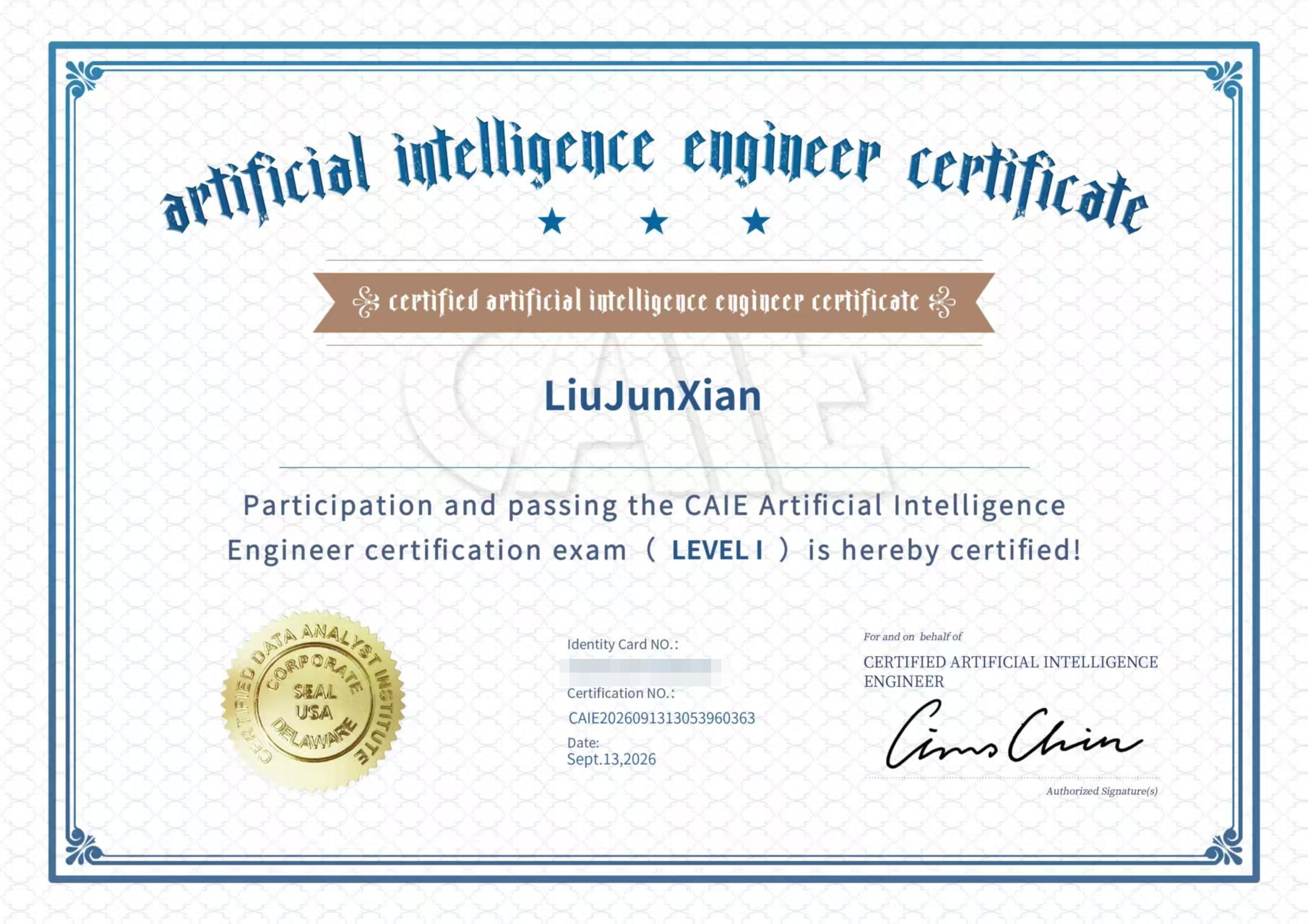 CAIE Artificial Intelligence Engineer (Level I) Certificate